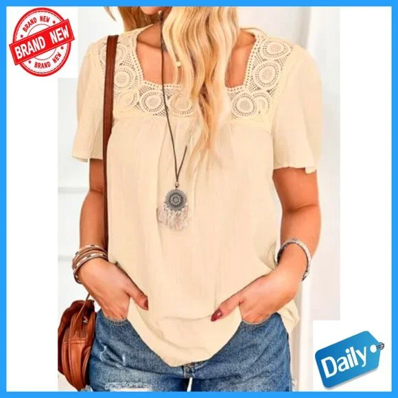 Girls Flowy Short Sleeve Peasant Top Lace Hem Textured Fabric